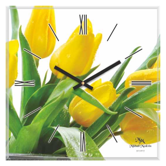 Стеклянные настенные часы с тюльпанами.