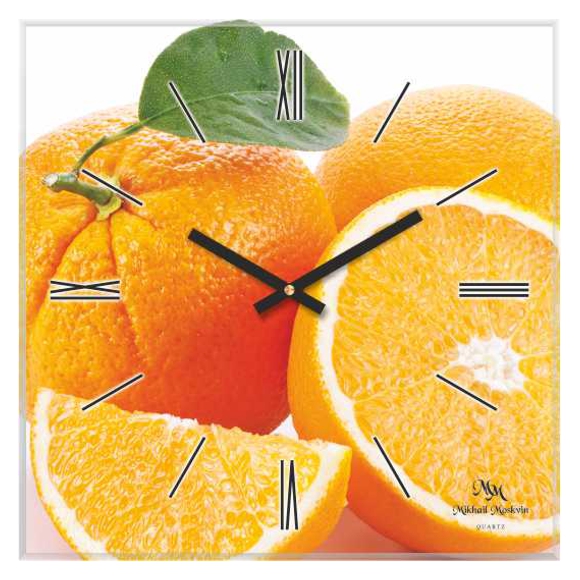 Настенные стеклянные часы с апельсинами.