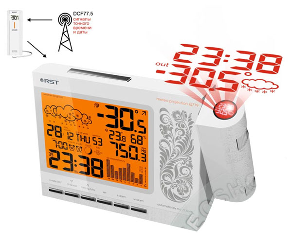 Проекционные часы с барометром, гигрометром и радиодатчиком уличной температуры